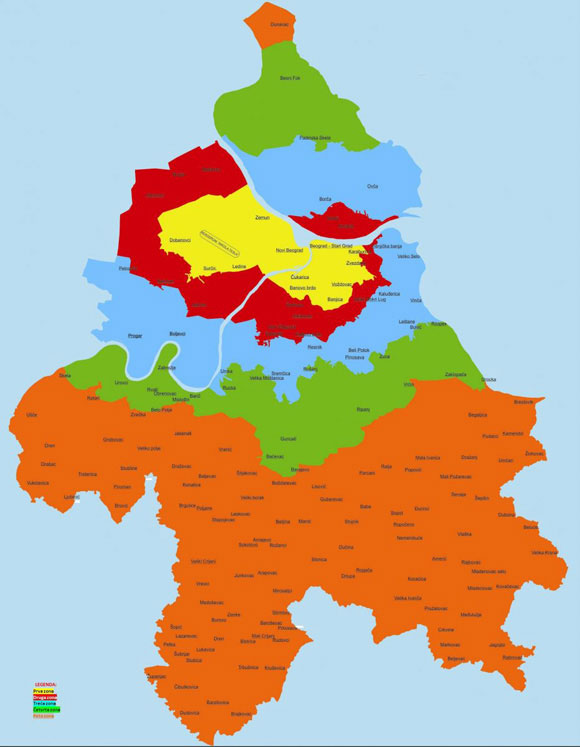 Mapa zona na teritoriji grada Beograda